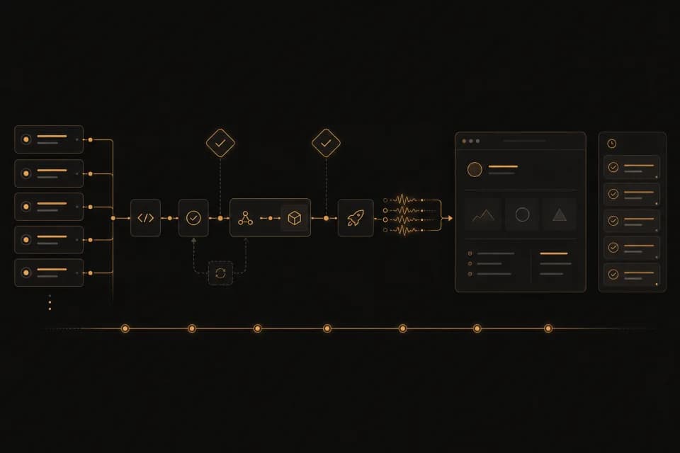 Daily code deliveries moving through checks and reviews into a staging product
