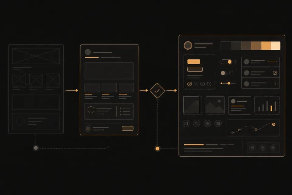 A wireframe evolving through review into a cohesive interface and design system