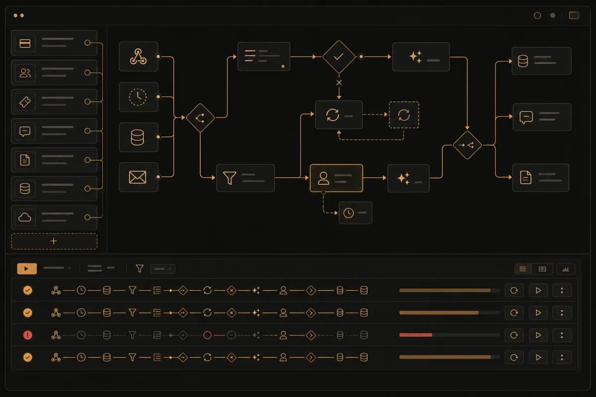 An observable workflow connecting typed adapters, triggers, branches, retries, approvals, outputs, and replayable run history